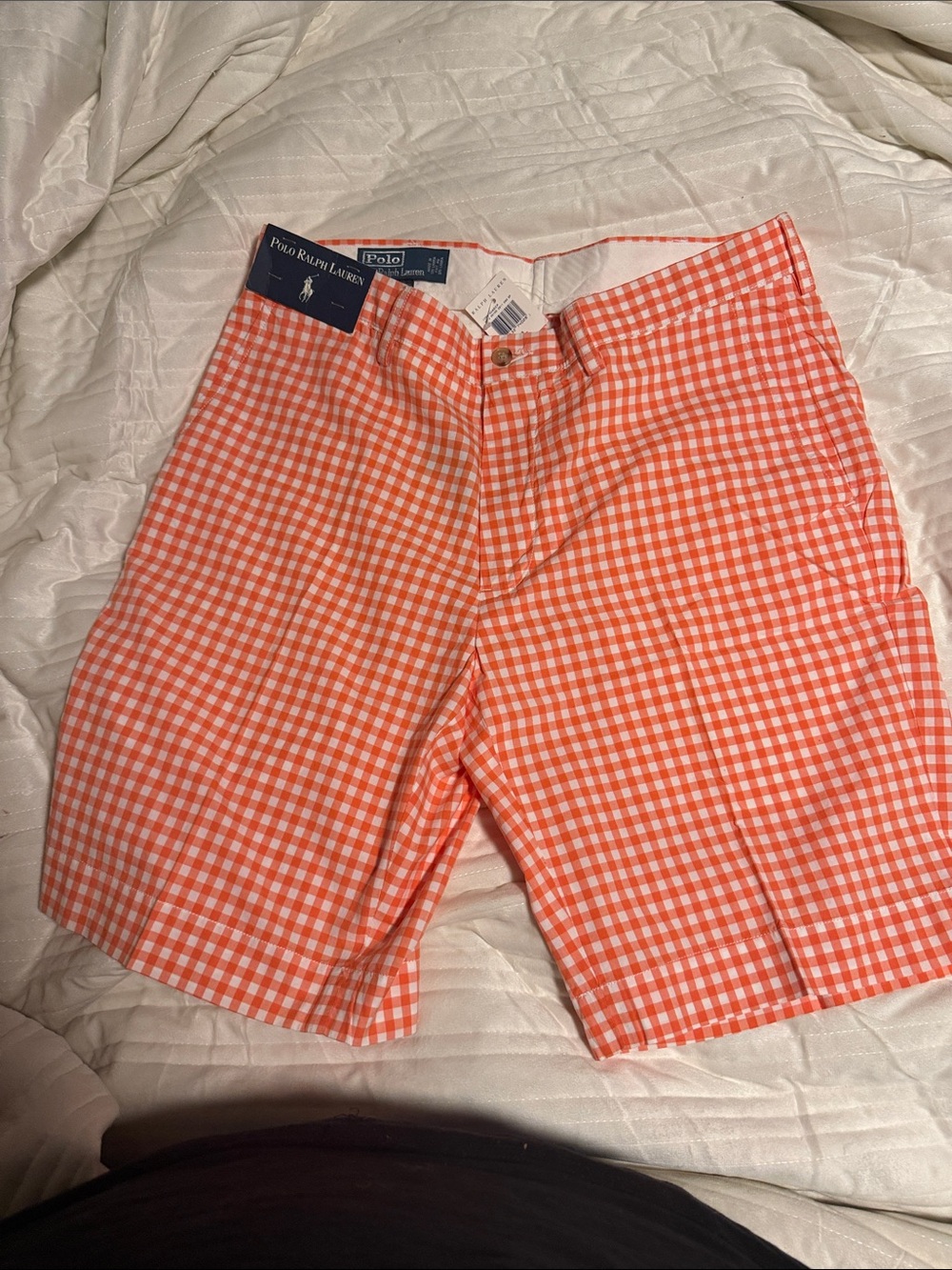 Polo by Ralph Lauren Orange and White Gingham Flat Front Shorts